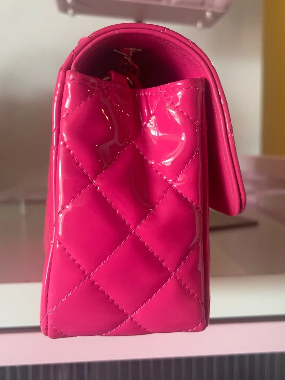CHANEL Quilted Patent Flap Bag — Bright Pink with Gold Hardware